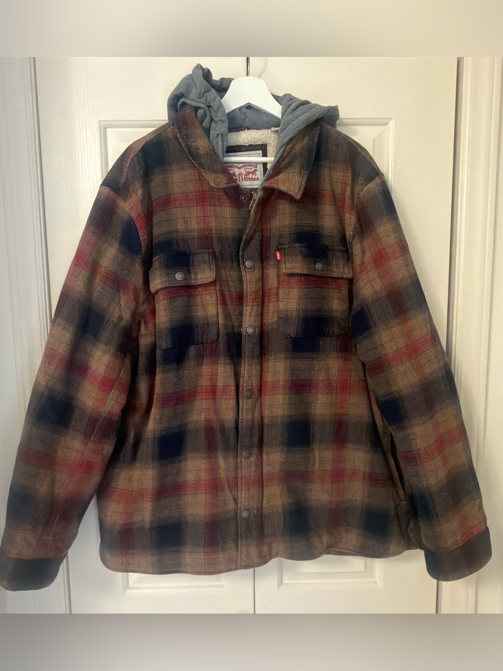 Levi's Plaid Hooded Sherpa-Lined Field Jacket in Brown, Red, Navy